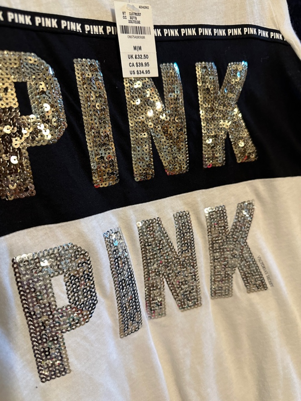 PINK Victoria's Secret White & Black Sequin Logo Tee - Picture 4 of 5